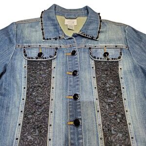 Just B Embellished Denim Jacket Black Lace Beaded Sequin Western Boho Size Large